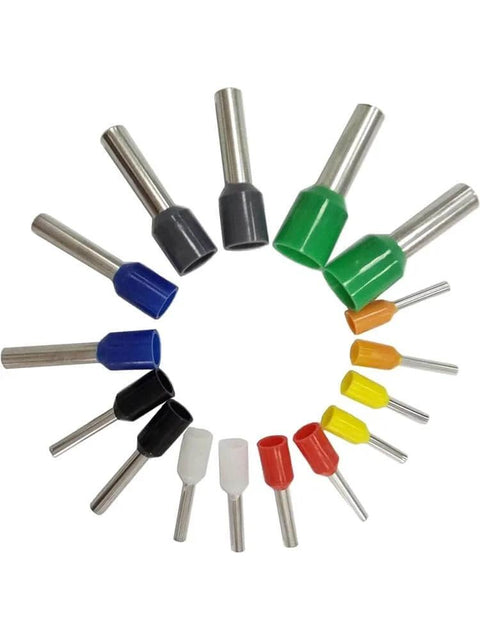 Multicolored insulated ferrule connectors from 400 Piece Boxed Crimp Terminals Kit for Electrical Wiring with Color Coded Ferrules.