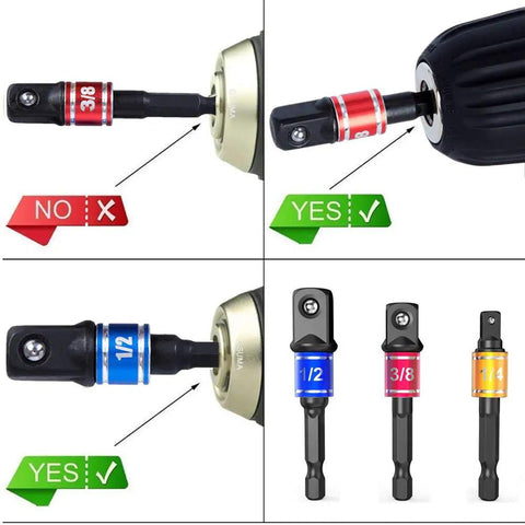 Impact Grade Power Hand Tools Driver Socket Adapter Extension Set With 3 Pcs 1/4 3/8 1/2 Inch Hex Shank Drill Nut Driver Bits And 105 Degree Right Angle Extension Color Coded Rings For Quick Pick Durable CR-V Construction By CIGOTU shown with color-coded rings and detent ball mechanism.