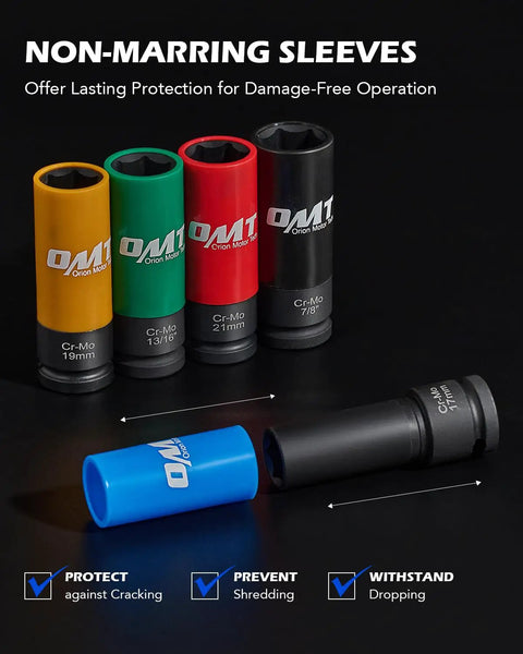 Half Inch Drive Lug Nut Socket Set For Your Ride Orion Motor Tech With Metric 17mm 19mm 21mm And SAE 13/16 Inch Sockets 5 Piece Impact Thin Wall Kit Color Coded Protectors Great For Tight Spaces And Quick Wheel Swaps, showcasing non-marring color-coded sleeves.