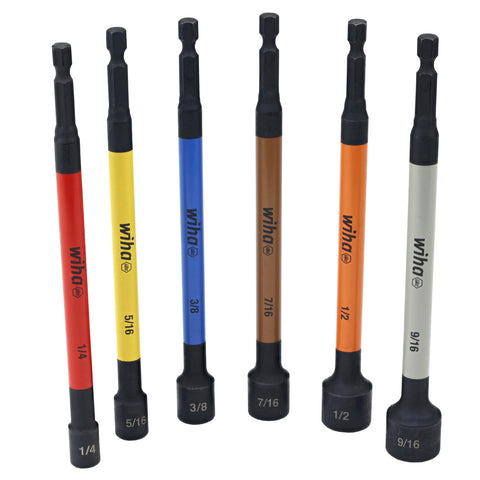 Premium Magnetic Nut Setter Set For Impact Drivers Wiha 6 Piece SAE Color Coded 1 Quarter Inch Hex Drive front view