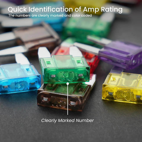 Close-up of colorful mini blade fuses with amp ratings, part of the Pack Of 25 10 Amp Mini Blade Fuses For Cars RVs Trucks SUVs