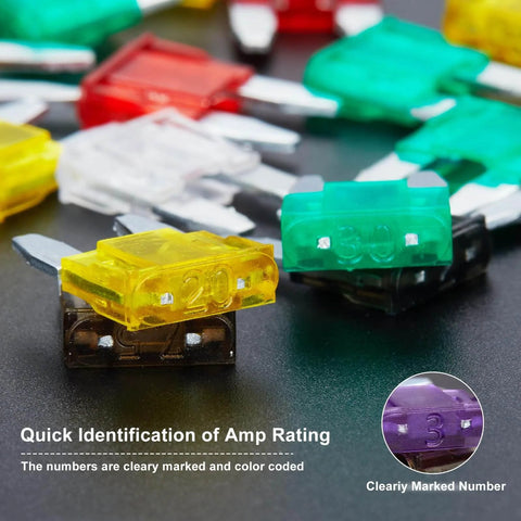 Assorted color-coded fuses from 120 Piece Mini Car Fuses Kit With Color Coded 2A-35A Fuses, Easy Install Automotive Fuse Set.