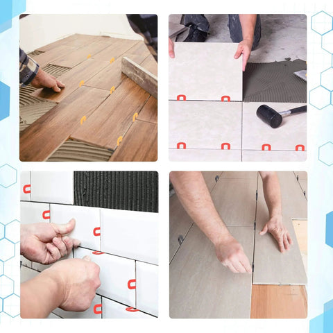400 Pcs Horseshoe Shims Set For Tile Leveling U Shaped Spacers in use during tile installation in four colors for precise leveling