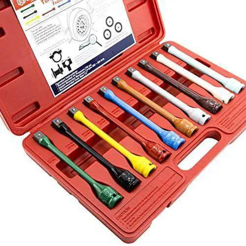 10 Piece 1/2" Drive Torque Extension Bar Set, Color-Coded, in red case with 60 ft.lbs.~150 ft. lbs. range