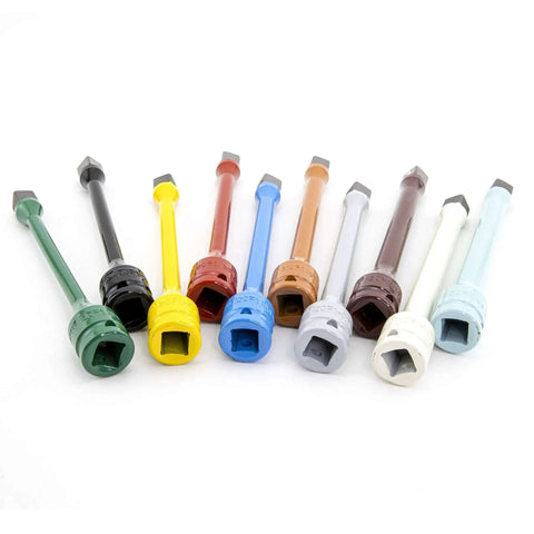 Color-coded 10 Piece 1/2" Drive Torque Extension Bar Set, 60 ft.lbs.~150 ft. lbs., arranged in a row, various colors