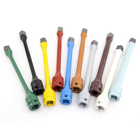 10 Piece 1/2" Drive Torque Extension Bar Set, Color-Coded, 60 ft.lbs.~150 ft. lbs. laid out in a row