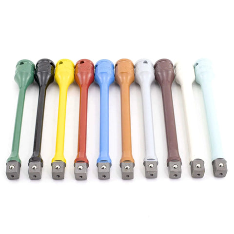 10 Piece 1/2" Drive Torque Extension Bar Set, Color-Coded, 60 ft.lbs.~150 ft. lbs., arranged in a row