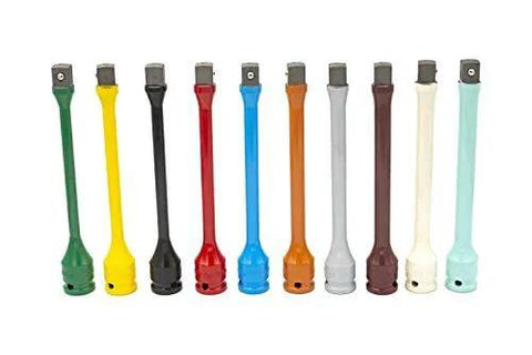 Color-coded 10 Piece 1/2" Drive Torque Extension Bar Set, 60 ft.lbs.~150 ft. lbs., displayed in a row
