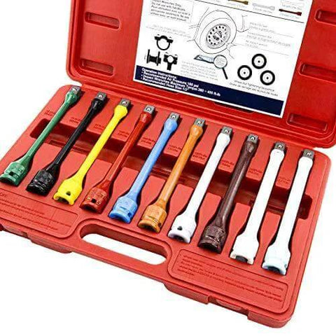 10 Piece 1/2" Drive Torque Extension Bar Set, Color-Coded, in red case showing various color-coded bars for precise torque application