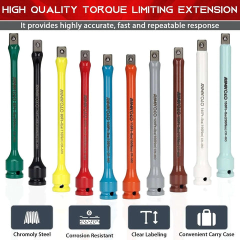 1/2" Drive Torque Limiting Extension Bar Set, 10-Piece Impact Torque Limiter Set with 8 Inch Color-Coded CR-MO Torque Sticks