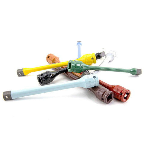 Colorful 10 Piece 1/2" Drive Torque Extension Bar Set, 60 ft.lbs.~150 ft. lbs., scattered view, suitable for impact wrenches