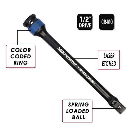 1/2-inch Drive Wheel Protector Impact Socket, blue-coded torque limiting extension bar, features spring-loaded ball and laser etching