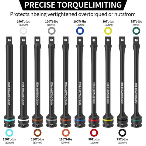 1/2" Drive Torque Limiting Extension Bar Set, 10PCS Torque Stick Set with 8in Color-Coded 65 to 150 Ft-Lbs, CR-MO Impact