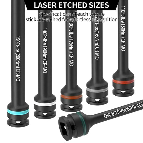 1/2" Drive Torque Limiting Extension Bar Set showing laser etched sizes from 65 to 150 Ft-Lbs, CR-MO impact bars color-coded for easy identification