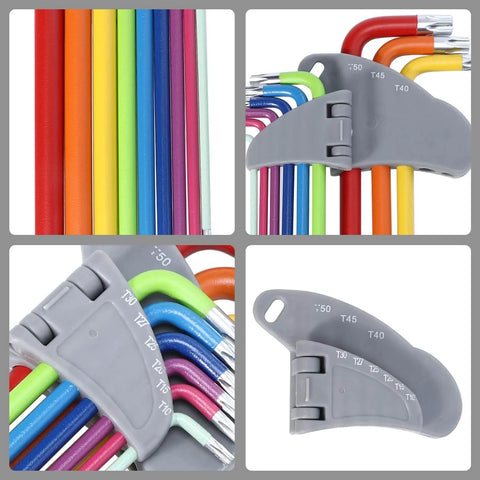 9 Piece Colored Star Hex Wrench Set With L Shaped Long Arm Heavy Duty Steel Spanner Tools For Mechanical And Industrial Use Pro Grade Handy Multi Function Repair Kit For Auto Machinery And Home Projects, multiple views showing color-coded wrenches and holder.
