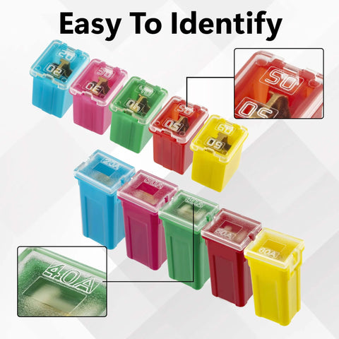 Low Profile Automotive Fuse Kit For Cars Trucks And Suvs 10 Pack with color-coded micro cartridge fuses, 20A to 60A