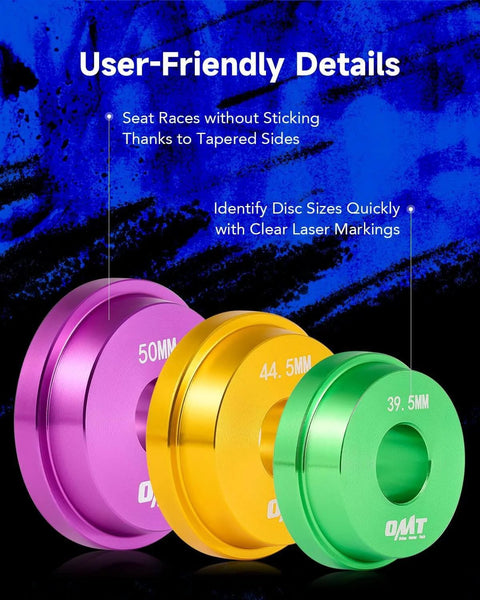Colorful bearing adapters with laser markings, part of the 10pc Bearing Press Kit with Race and Seal Driver Set for safe installation.