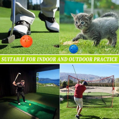 Collage showing 50 Pack Colored Golf Practice Ball, 40mm Hollow Sports Golf Training Balls in use indoors, outdoors, and with a pet cat.