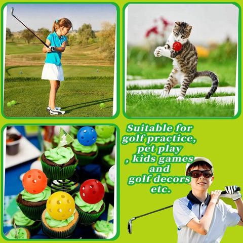 Collage with child practicing golf, cat playing with golf ball, cupcakes with golf balls, and golfer holding club. Suitable for various activities.