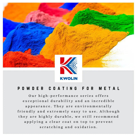 Colorful powder coating for metal surfaces by Kwolin displayed with company logo and product description text.