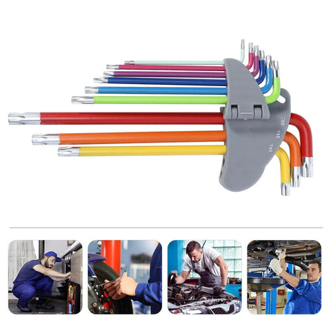 9 Piece Colored Star Hex Wrench Set With L Shaped Long Arm Heavy Duty Steel Spanner Tools For Mechanical And Industrial Use Pro Grade Handy Multi Function Repair Kit For Auto Machinery And Home Projects on display against a white background with images of mechanics using tools.