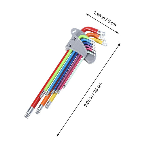 9 Piece Colored Star Hex Wrench Set With L Shaped Long Arm Heavy Duty Steel Spanner Tools For Mechanical And Industrial Use Pro Grade Handy Multi Function Repair Kit For Auto Machinery And Home Projects, shown in a fan layout.