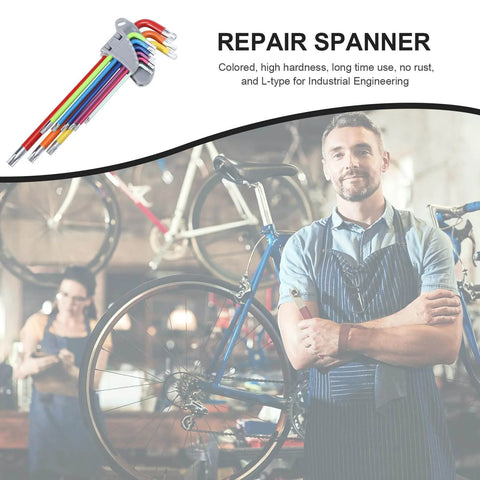 9 Piece Colored Star Hex Wrench Set With L Shaped Long Arm Heavy Duty Steel Spanner Tools for repair in workshop scene