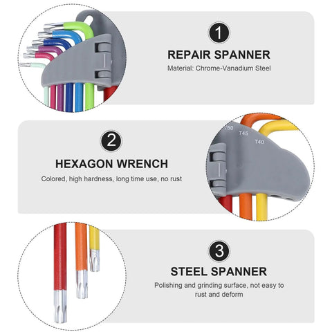 9 Piece Colored Star Hex Wrench Set With L Shaped Long Arm Heavy Duty Steel Spanner Tools showcasing features and material.