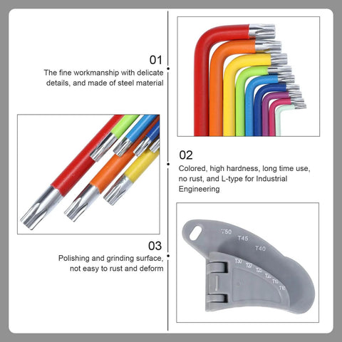 9 Piece Colored Star Hex Wrench Set With L Shaped Long Arm Heavy Duty Steel Spanner Tools for auto, machinery, and home projects.