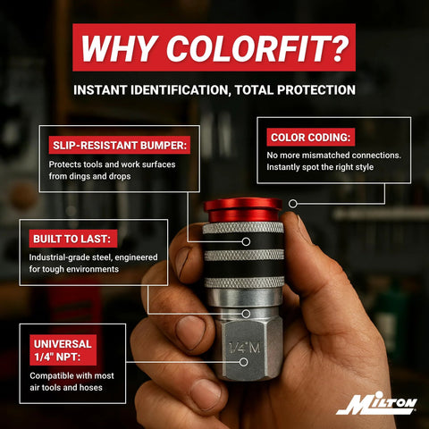 Milton Colorfit M-Style coupler and plug kit, 1/4 in. NPT quick-connect fittings, 7-piece with rubber bumpers