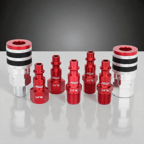 7-piece Milton Colorfit M-Style quick-connect set; red aluminum 1/4 in NPT fittings with rubber bumpers and silver couplers for air tools.