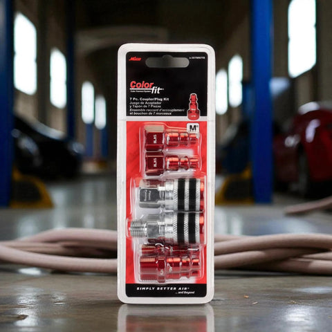 Colorfit by Milton M-style coupler and plug kit, 7 pieces with red metal fittings and rubber bumpers, 1/4" NPT quick-connect.
