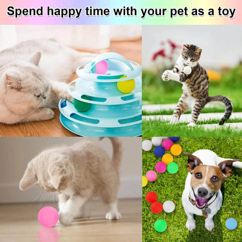 Pets playing with 28 Pcs Colored Ping Pong Balls, 40mm Table Tennis Balls for Games or Arts, displayed around cats and dog.