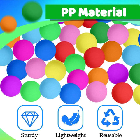 Colorful 40mm plastic balls displaying sturdy, lightweight, and reusable features. Includes 100 Pack Table Tennis Balls focus keyword for SEO.