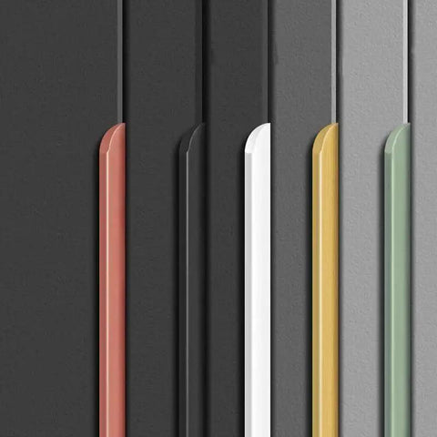 Close-up of aluminum finger pulls in various colors, showing modern design, part of Four Pack Finger Pulls for Cabinets and Drawers.