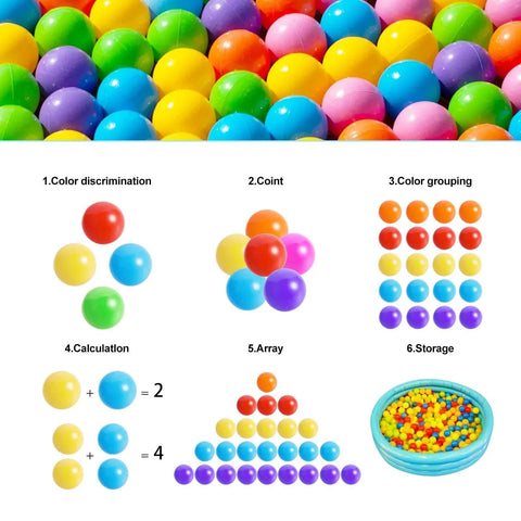 Colorful Ball Pit Balls 100pcs for Kids, BPA & Phthalate Free, Crush Proof and Non-Toxic, Plastic Balls with educational uses shown