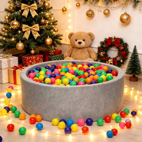 Ball Pit Balls Phthalate Free BPA Free Crush Proof Plastic - 7 Bright Colors in grey play pit with holiday decorations