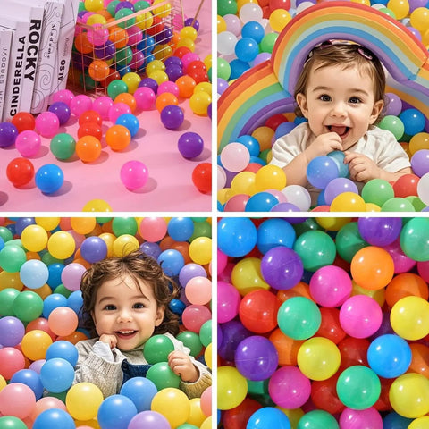 Children playing in colorful ball pit balls - Ocean Pool Toys, phthalate & BPA free, 100pcs for toddler playhouse, tent, or playpen.