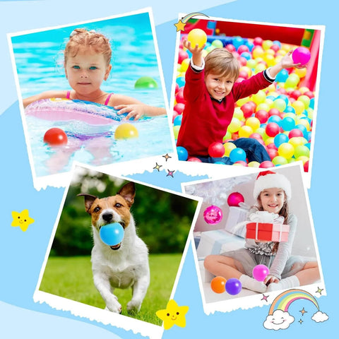 Collage of kids and a dog playing with Colorful Ball Pit Balls 100pcs for Kids, BPA & Phthalate Free, Crush Proof and Non-Toxic