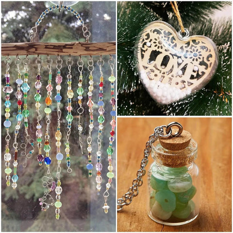 Colorful window hanging, heart decoration on a tree, jar with green stones on a wooden surface.