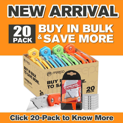 Box of 20 folding utility knives in assorted colors with extra blades, ideal for heavy-duty use, displayed with packaging.