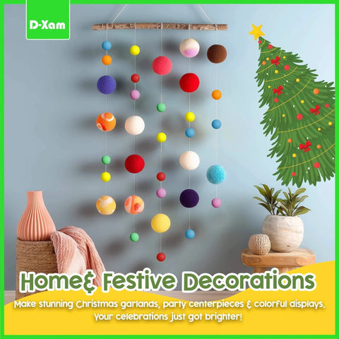 Colorful hanging decorations with multi color ping pong balls for festive home decor scene.