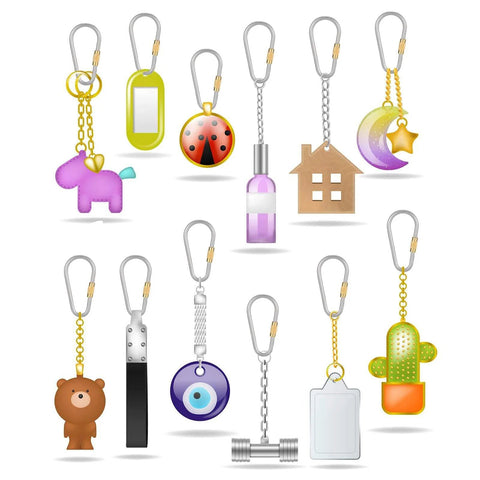Colorful keychains with Skylety 10 Pieces Mini Titanium Locking Clips, including animal shapes, house, and star designs for dog tags, outdoor use.