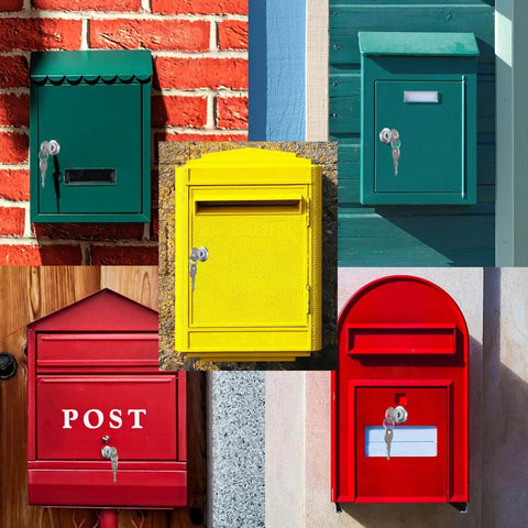 Enhance security with a 5/8 inch cabinet lock set featuring keyed alike keys on colorful mailboxes, demonstrating secure locking.