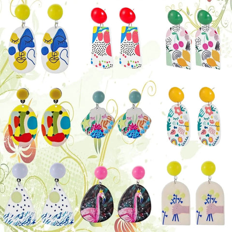 Colorful geometric earrings made with Must Have 31 Piece Polymer Clay Cutters Kit With 8 Round Cutters 18 Rectangular Earring Molds