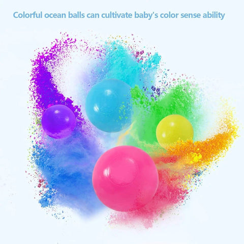 Colorful play balls in rainbow colors with a splash, highlighting 500 Count Plastic Soft Plastic Ball Pits Balls for toddlers and pets.
