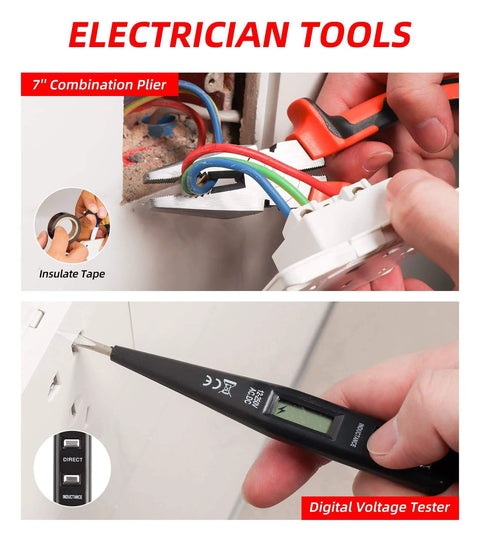 Hands using 7-inch combination plier to install wiring and a digital voltage tester on a power outlet.