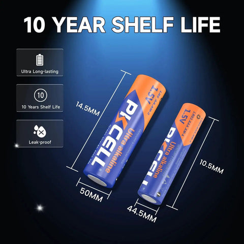 Combo Pack Of 24 AA And AAA Batteries 12 Each 1.5V Alkaline Heavy Duty with 10-year shelf life displayed with size dimensions.