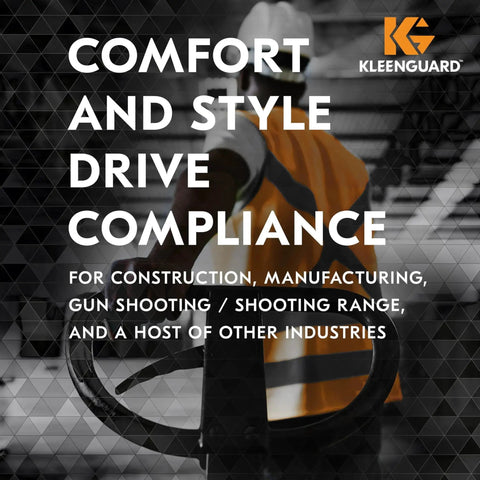 Worker wearing safety gear on construction site with Kleenguard logo and text about comfort and style compliance.