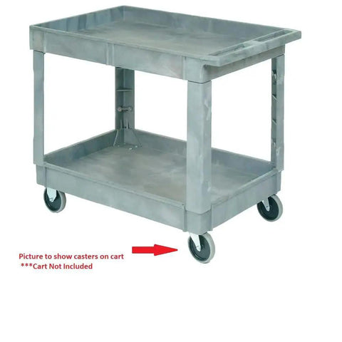 Set Of 4 Replacement Casters For Commercial Carts With 5 Inch Non Marking Grey Rubber Wheels Includes 2 Swivel And 2 Rigid Casters 140 Lb Per Caster 560 Lb Per Set Fits 4400 And 4500 Series Carts Overall Height 5 3/4 Inches Bolt Hole Spacing 1 3/4 By 3 installed on a cart base